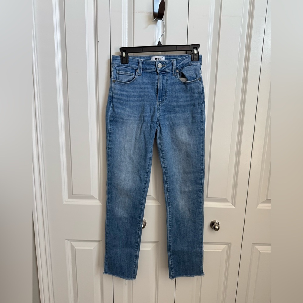 PAIGE High Rise Blue Jeans with Raw Hem